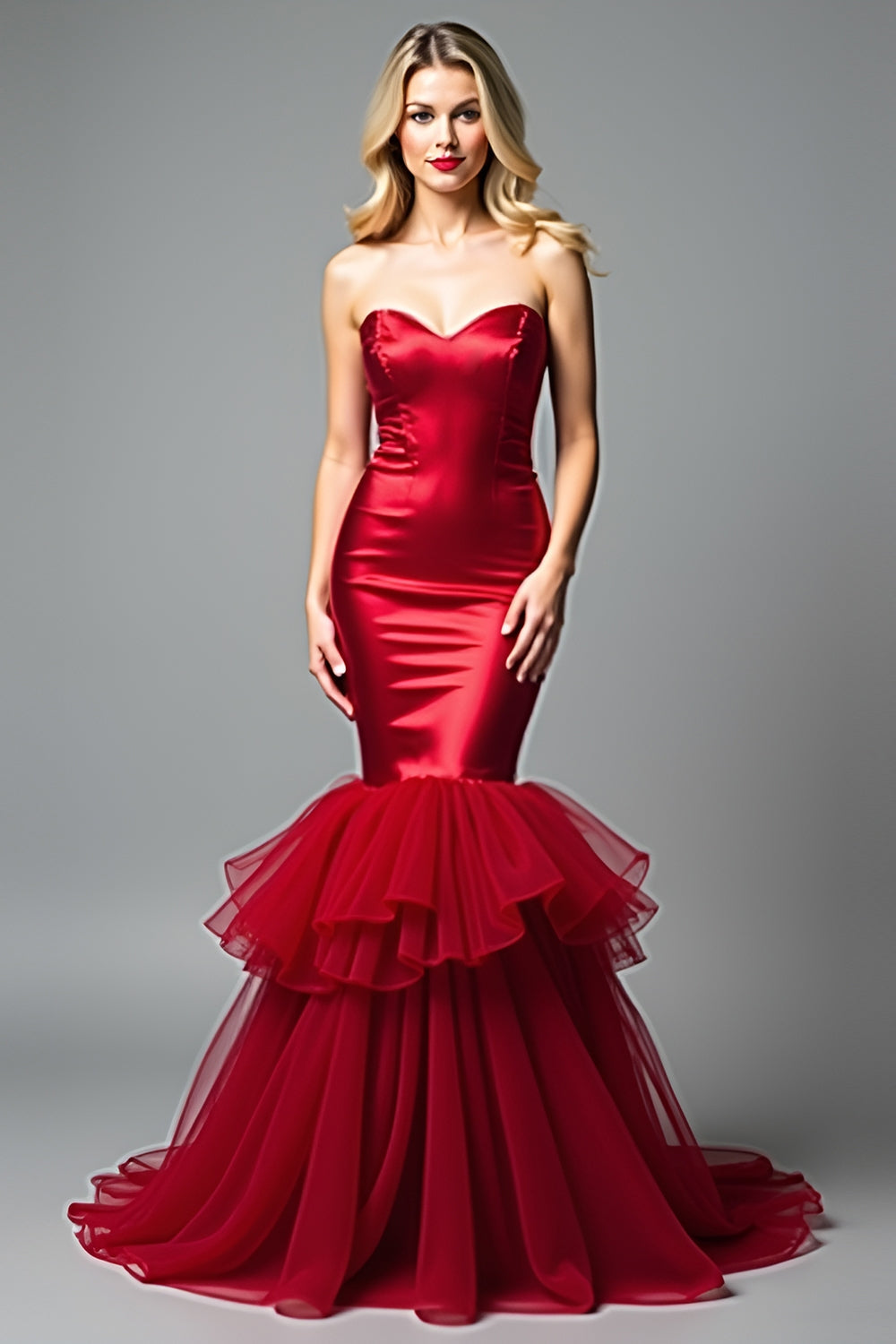 Red Sweetheart Tiered Backless Long Satin Prom Dress