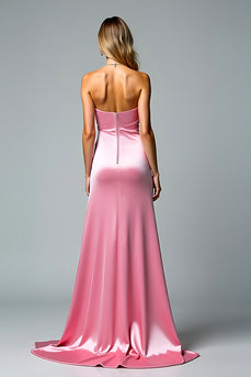 Pink Sweetheart Long Satin Ruched Prom Dress with Slit