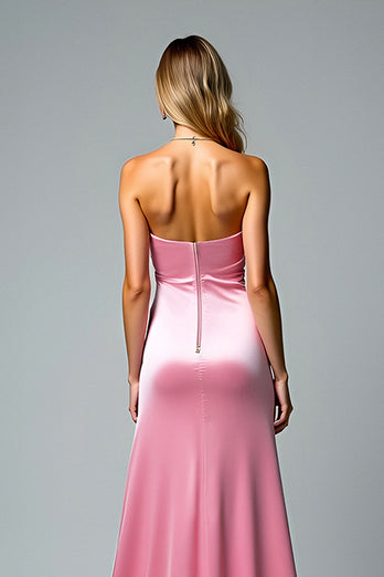 Pink Sweetheart Long Satin Ruched Prom Dress with Slit