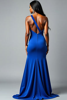 Sequins Royal Blue One Shoulder Long Prom Dress with Slit