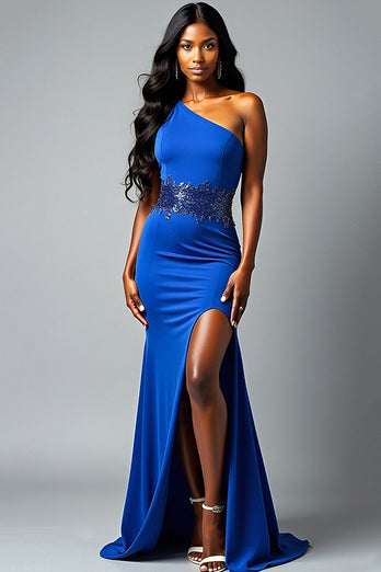 Sequins Royal Blue One Shoulder Long Prom Dress with Slit