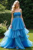 Load image into Gallery viewer, Blue A Line Strapless Tiered Ruched Long Prom Dress with Beading