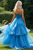 Load image into Gallery viewer, Blue A Line Strapless Tiered Ruched Long Prom Dress with Beading