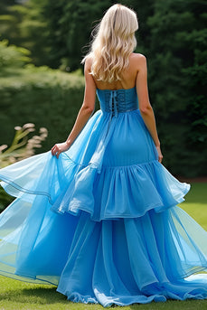 Blue A Line Strapless Tiered Ruched Long Prom Dress with Beading