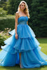 Load image into Gallery viewer, Blue A Line Strapless Tiered Ruched Long Prom Dress with Beading