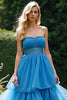 Load image into Gallery viewer, Blue A Line Strapless Tiered Ruched Long Prom Dress with Beading