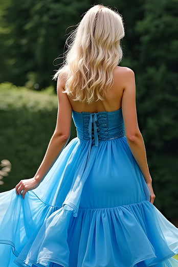 Blue A Line Strapless Tiered Ruched Long Prom Dress with Beading