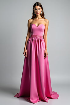 Fuchsia A Line Strapless Satin Long Prom Dress