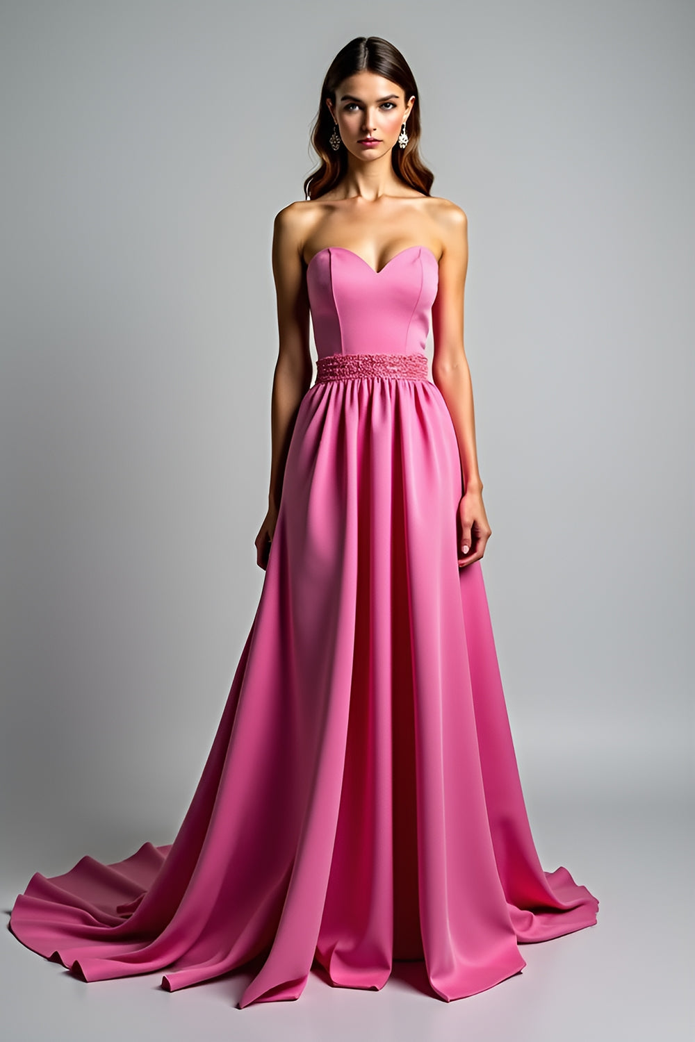 Fuchsia A Line Strapless Satin Long Prom Dress