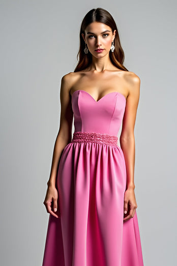 Fuchsia A Line Strapless Satin Long Prom Dress