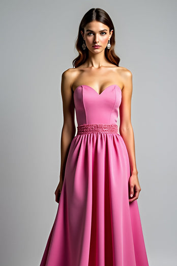 Fuchsia A Line Strapless Satin Long Prom Dress