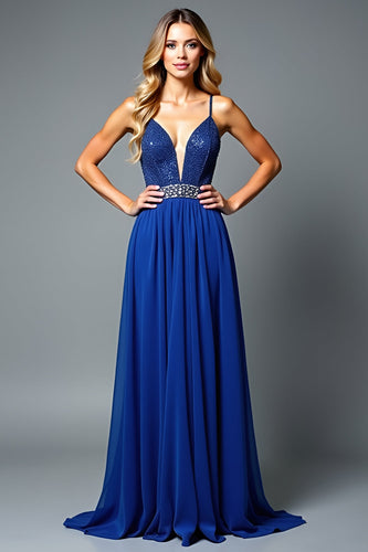 Royal Blue Spaghetti Straps A Line Long Prom Dress with Beading