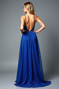 Royal Blue Spaghetti Straps A Line Long Prom Dress with Beading