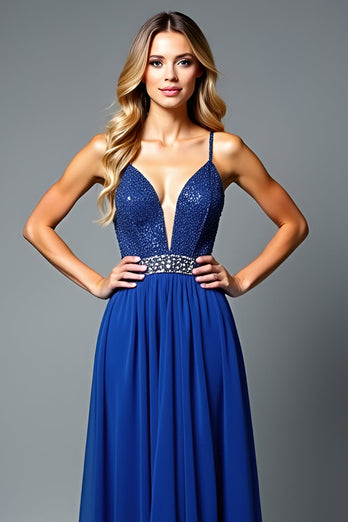 Royal Blue Spaghetti Straps A Line Long Prom Dress with Beading