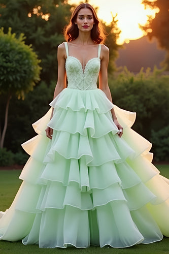 Green Ball Gown Tiered Appliques Long Prom Dress with Ruffles