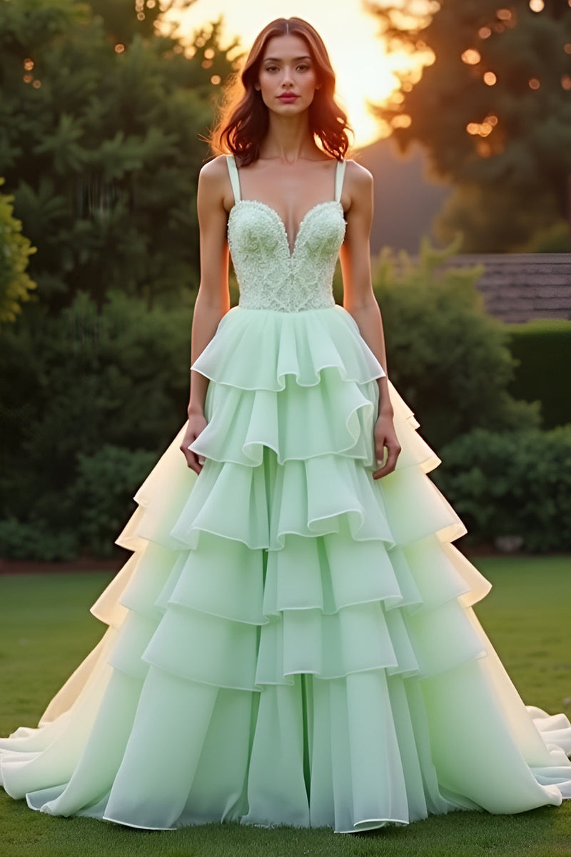 Load image into Gallery viewer, Green Ball Gown Tiered Appliques Long Prom Dress with Ruffles