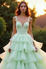 Load image into Gallery viewer, Green Ball Gown Tiered Appliques Long Prom Dress with Ruffles