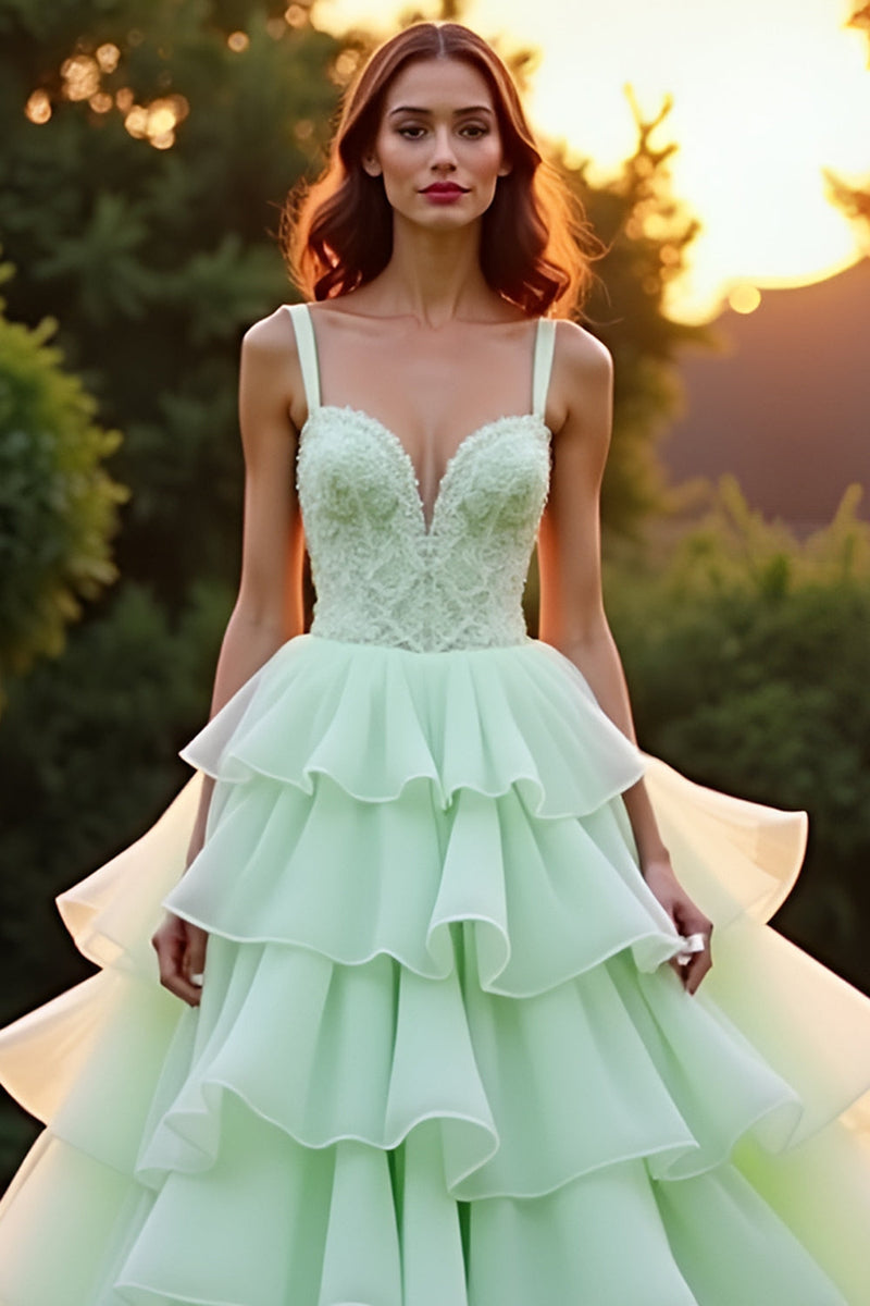 Load image into Gallery viewer, Green Ball Gown Tiered Appliques Long Prom Dress with Ruffles