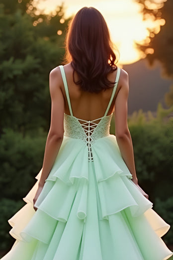 Green Ball Gown Tiered Appliques Long Prom Dress with Ruffles