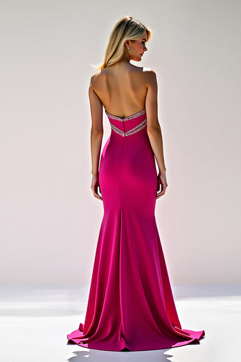 Fuchsia Strapless Beaded Long Satin Prom Dress with Slit