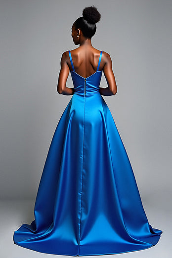 Royal Blue V-Neck Long Satin Formal Dress with Slit