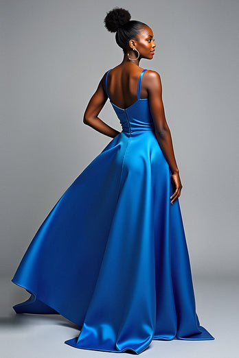 Royal Blue V-Neck Long Satin Formal Dress with Slit