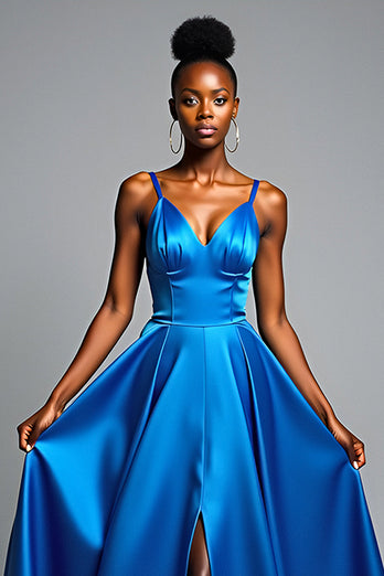 Royal Blue V-Neck Long Satin Formal Dress with Slit