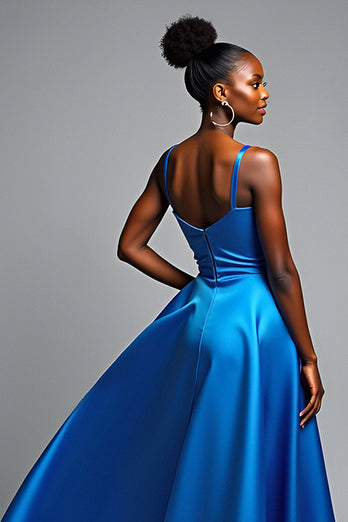 Royal Blue V-Neck Long Satin Formal Dress with Slit