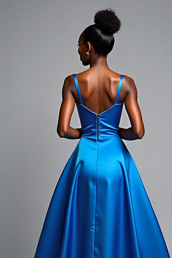 Royal Blue V-Neck Long Satin Formal Dress with Slit