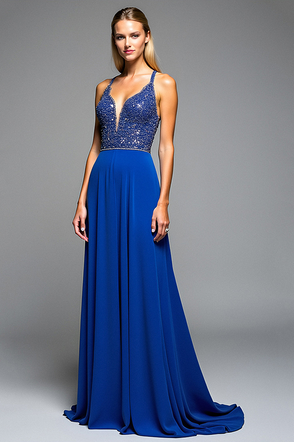 Sparkly Royal Blue A Line Long Chiffon Formal Dress with Beading