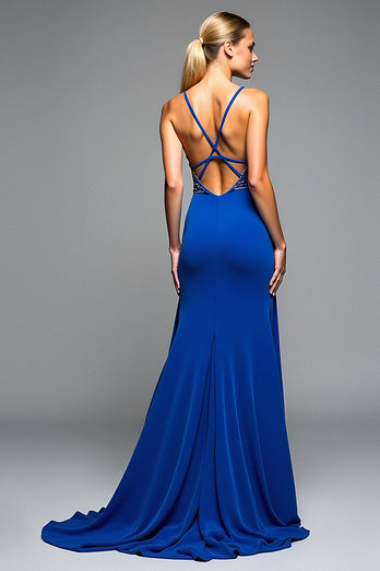 Sparkly Royal Blue A Line Long Chiffon Formal Dress with Beading