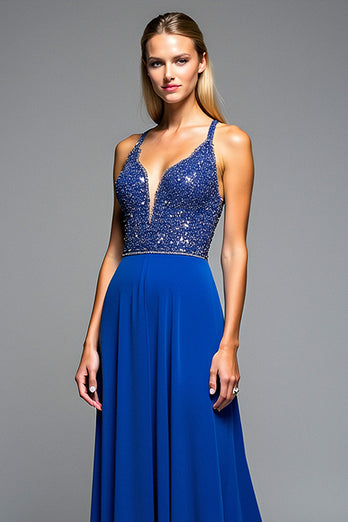 Royal Blue A Line Long chiffon Formal Dress with Beading