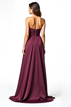 A Line Burgundy Sweetheart Long Ruched Formal Dress