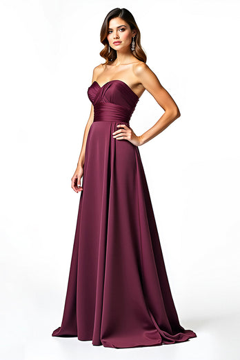 A Line Burgundy Sweetheart Long Ruched Formal Dress