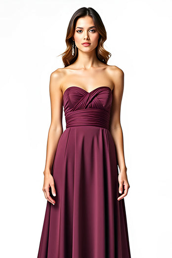 A Line Burgundy Sweetheart Long Ruched Formal Dress