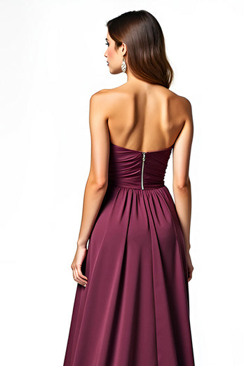 A Line Burgundy Sweetheart Long Ruched Formal Dress