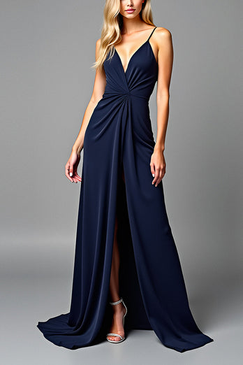 Navy V-Neck Long Ruched Formal Dress with Slit