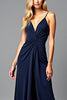 Load image into Gallery viewer, Navy V-Neck Long Ruched Formal Dress with Slit