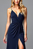 Load image into Gallery viewer, Navy V-Neck Long Ruched Formal Dress with Slit