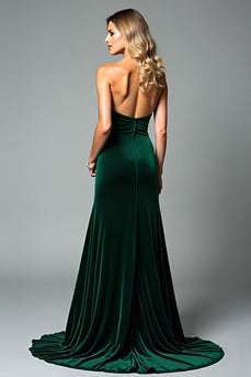 Dark Green Sheath Velvet Strapless Long Prom Dress with Slit