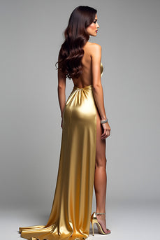 Golden V-Neck Halter Long Formal Dress with Slit