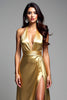 Load image into Gallery viewer, Golden V-Neck Halter Long Formal Dress with Slit