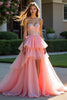 Load image into Gallery viewer, Pink A Line Sweetheart Tiered Long Beaded Prom Dress with Slit