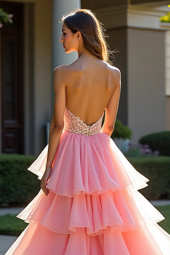 Pink A Line Sweetheart Tiered Long Beaded Prom Dress with Slit