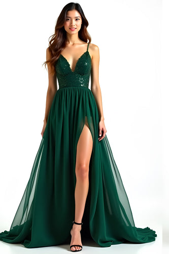 Dark Green A Line Spaghetti Straps Long Prom Dress with Slit