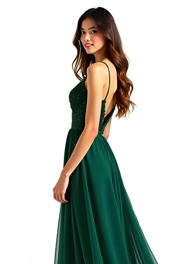 Dark Green A Line Spaghetti Straps Long Prom Dress with Slit