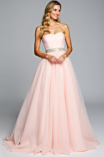 Light Pink A Line Strapless Ruched Long Prom Dress with Beading