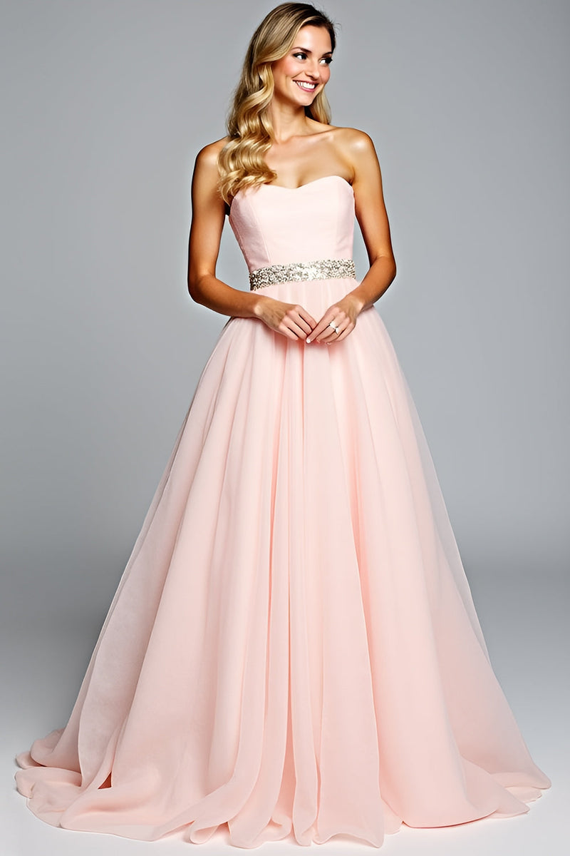 Load image into Gallery viewer, Light Pink A Line Strapless Ruched Long Prom Dress with Beading