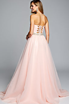 Light Pink A Line Strapless Ruched Long Prom Dress with Beading