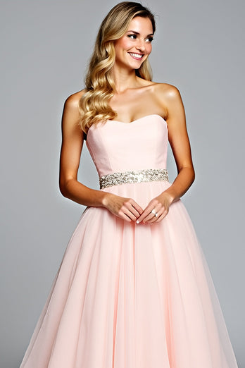 Light Pink A Line Strapless Ruched Long Prom Dress with Beading